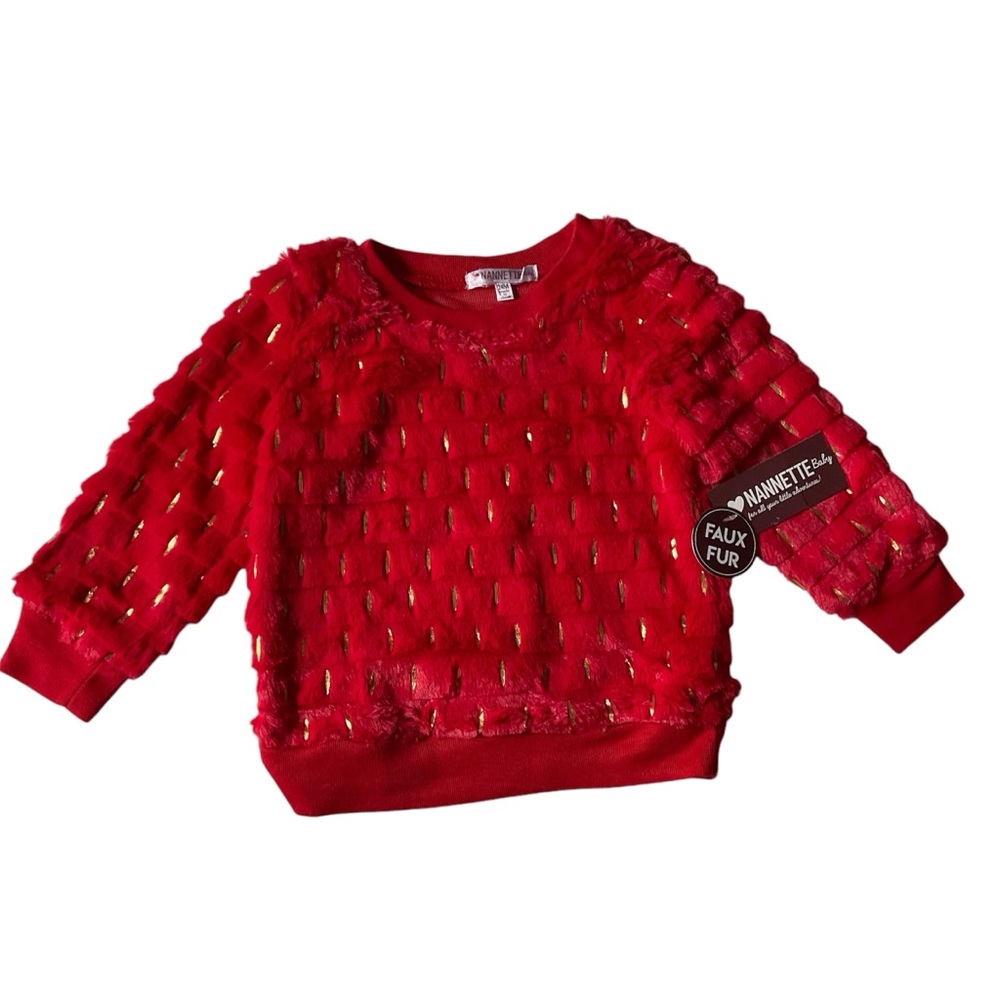NANNETTE BABY Faux Fur Top Red Holiday Sweater Gold Accents Girl Sz 24m NEW